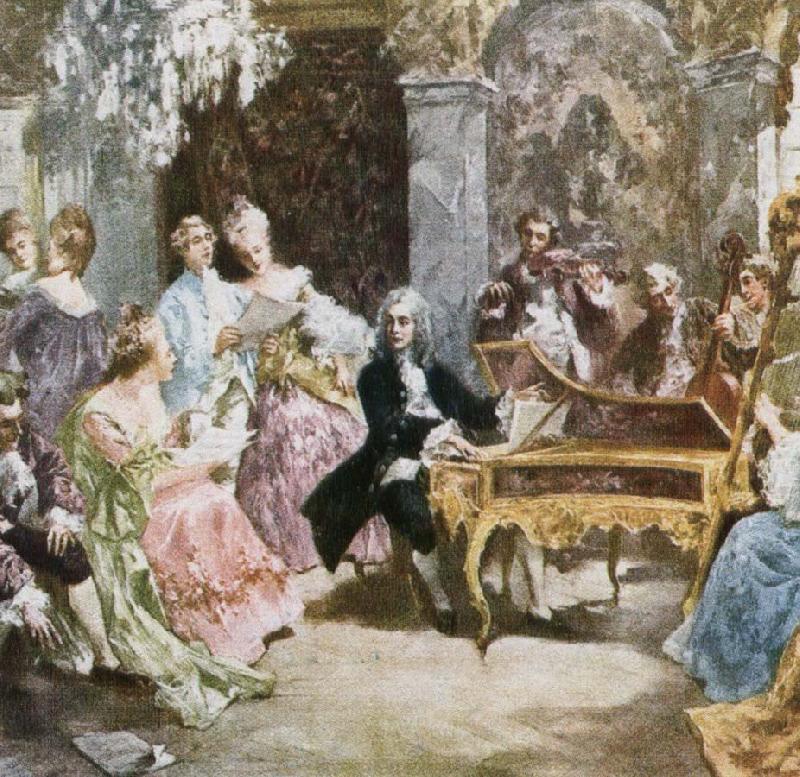a romantic impression depicting handel making music at the keyboard with his friends., wolfgang amadeus mozart